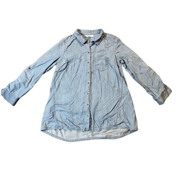 Motherhood Maternity Denim Button Down Rolled Tab Sleeve Blouse Size Medium - Picture 1 of 13